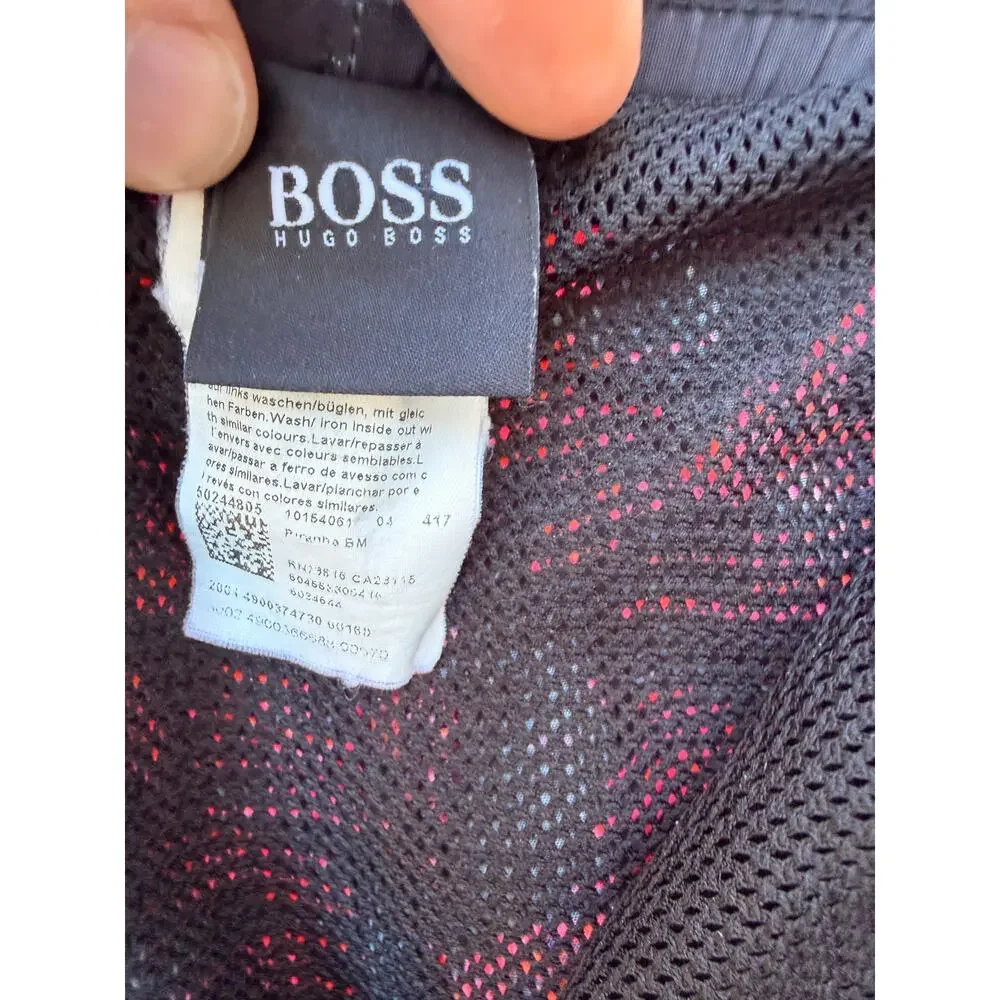 HUGO BOSS Blue Swimwear Hugo Boss Navy Pink Palm Print Swim Trunks Medium